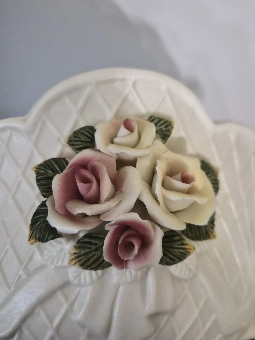 White Ceramic Decorative Planter with Pink & Cream Porcelain Roses